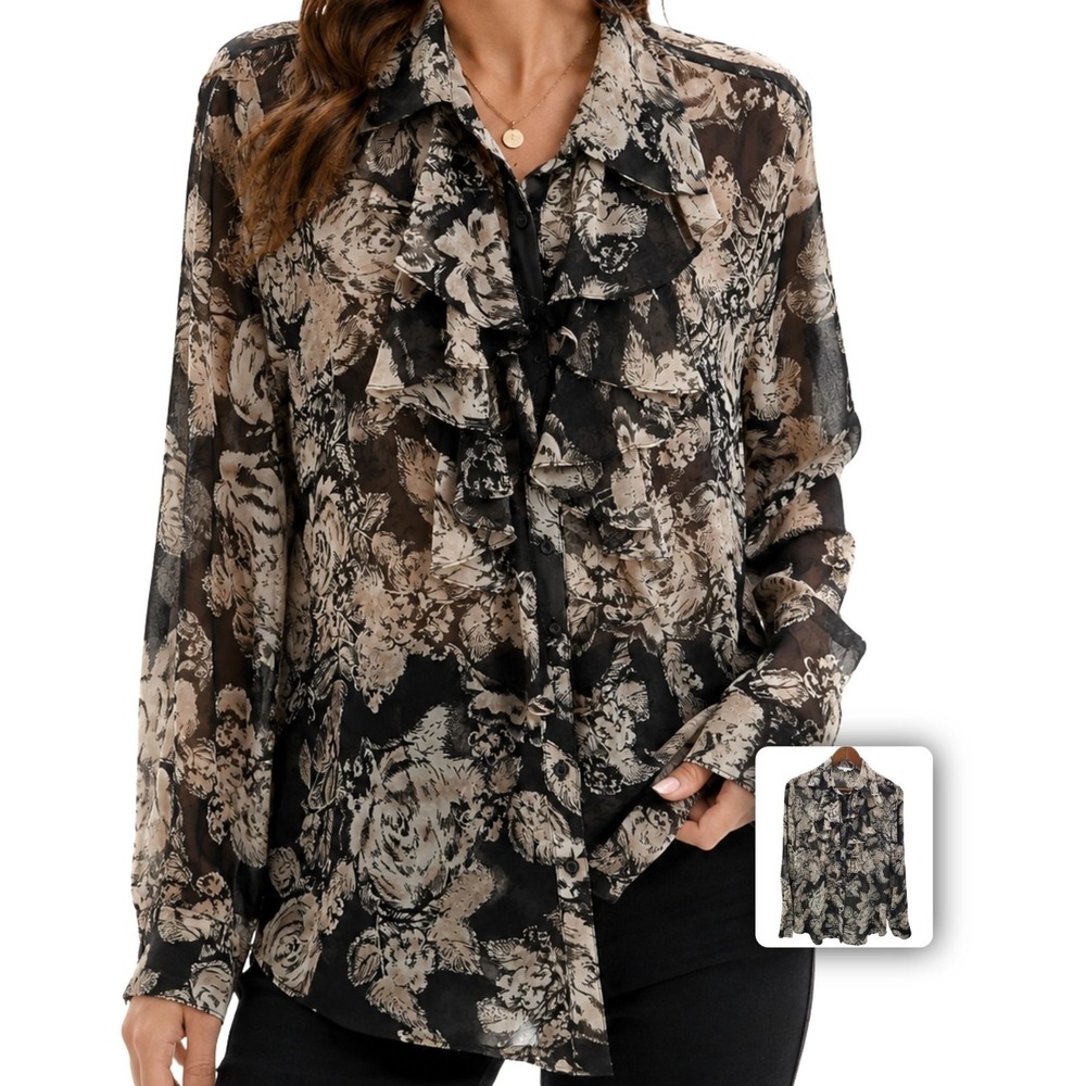 Cabi Womens Floral Ruffle Blouse Sheer Chiffon Button Up Romantic Top M